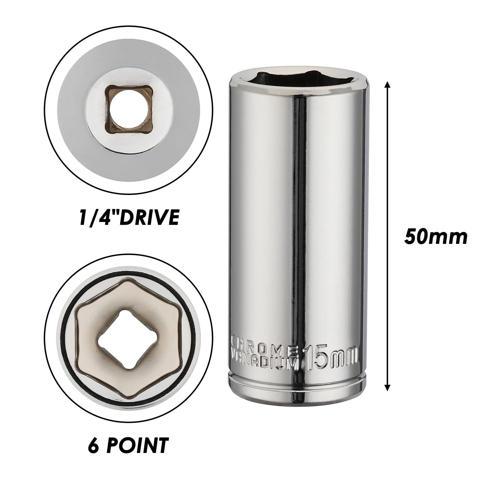 4PCS 1/4″ Drive 15mm Deep & Shallow Socket Set, 6 Point Cr-V Steel Tools