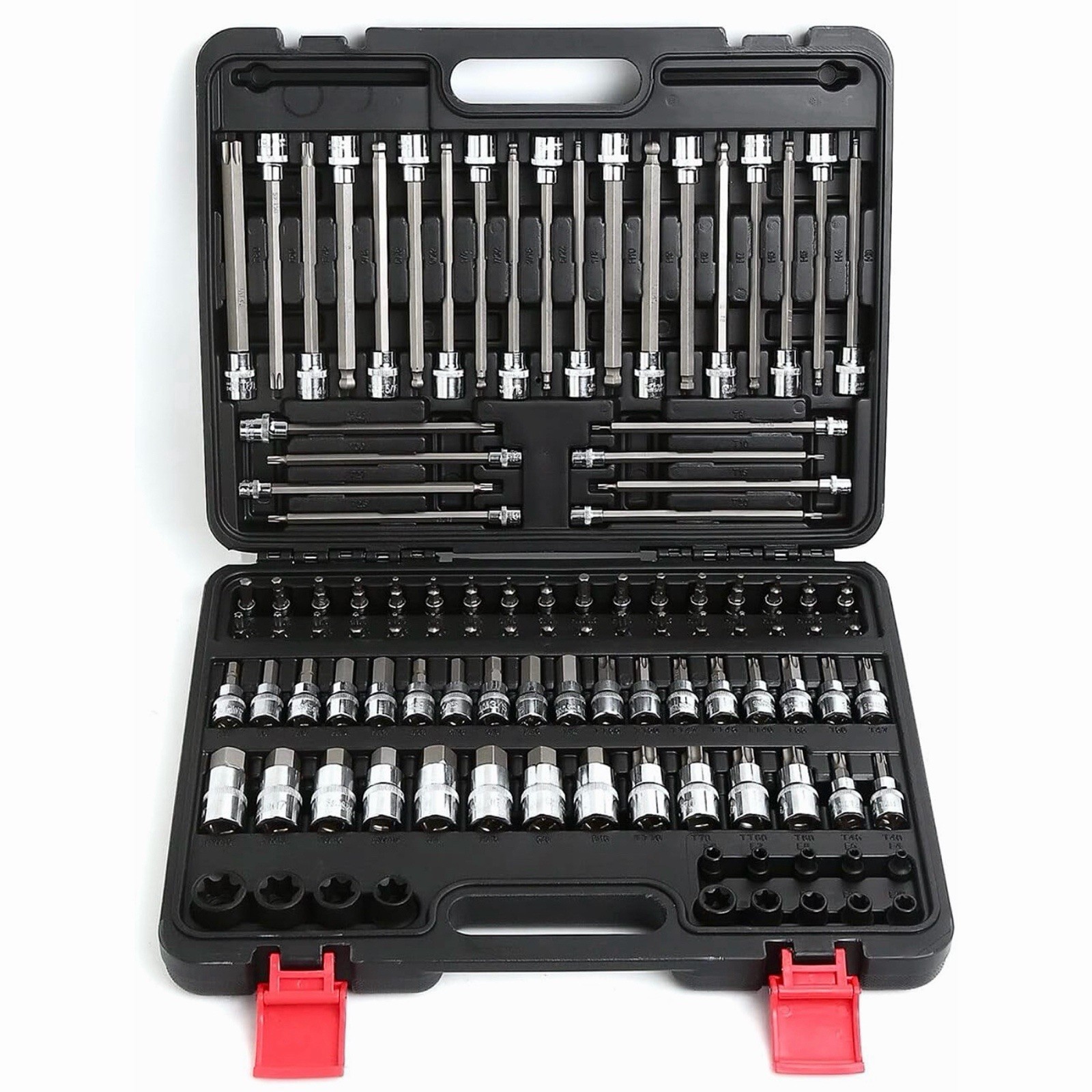 107-Piece Master Torx & Allen Bit Socket Set, S2 Steel, 1/4″ 3/8″ 1/2″ Drive