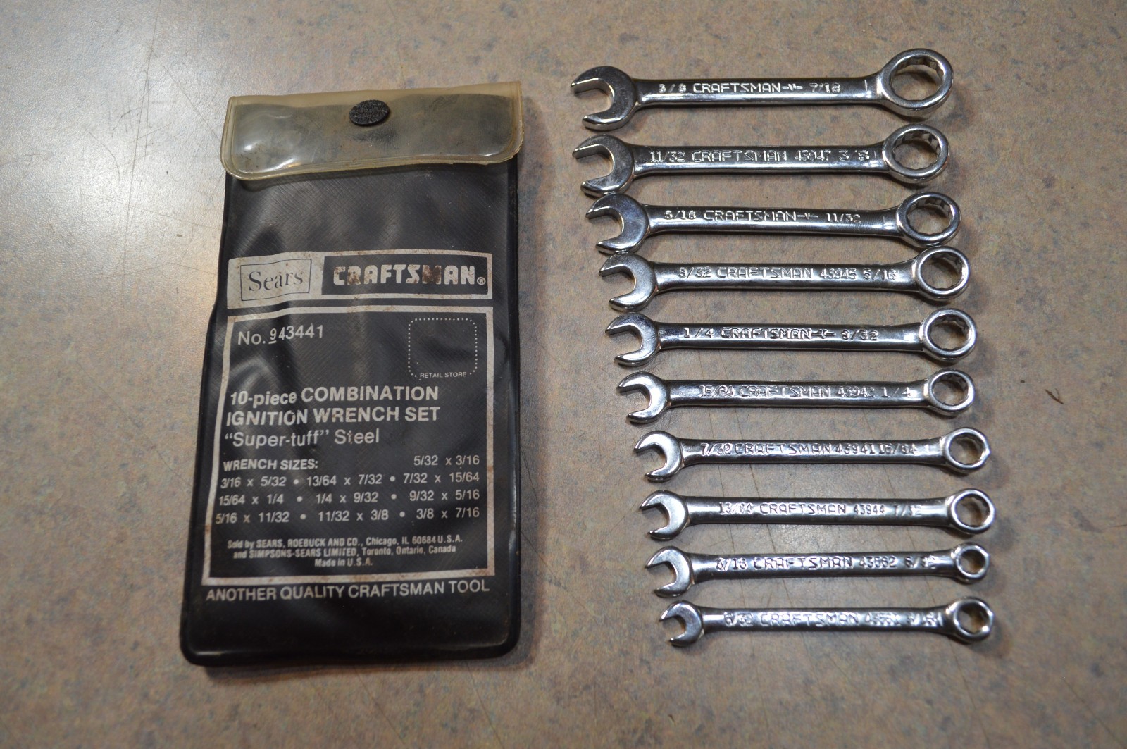 Vintage Sears Craftsman 10pc Combination Ignition Wrench Set #9 43441 w/Pouch