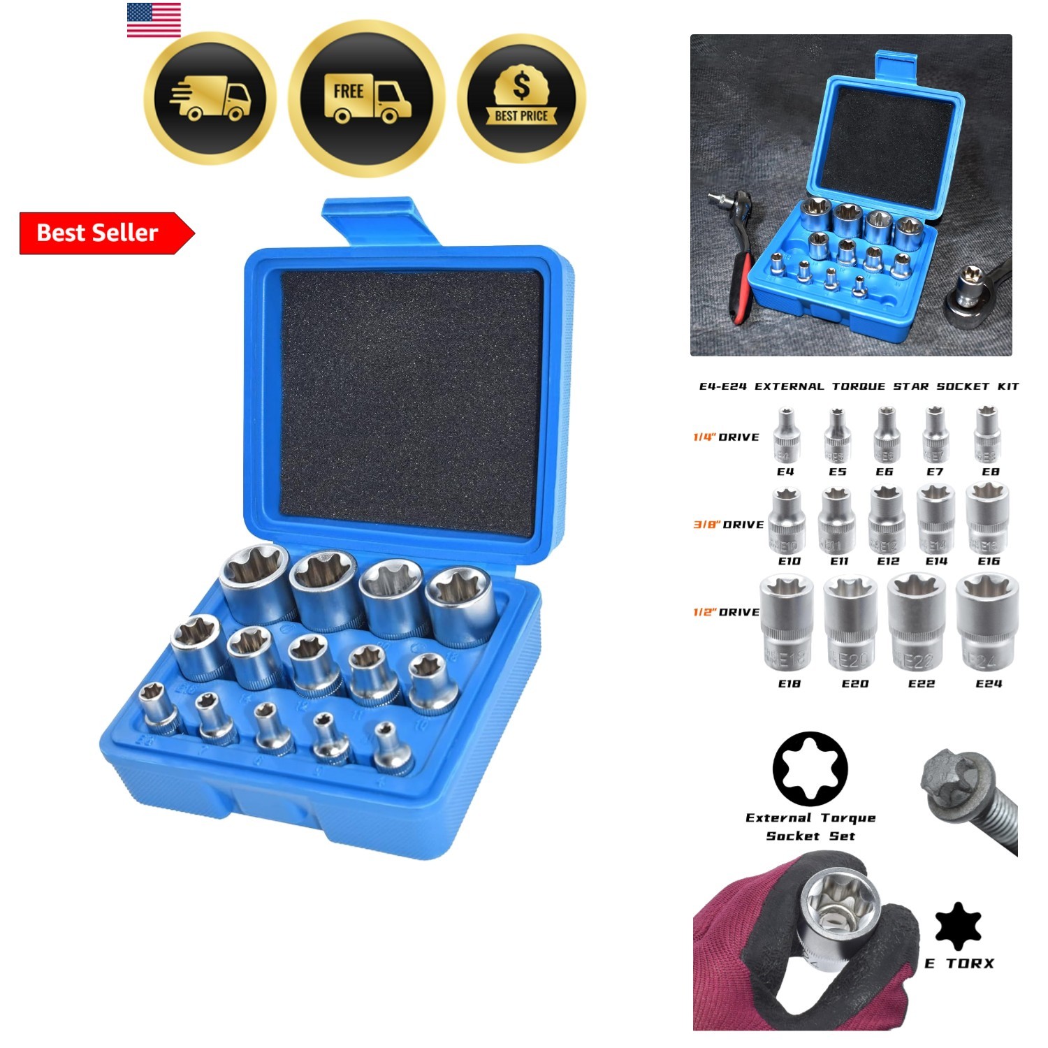 E-Torx Socket Set, 14 Piece Female E-Torx Star Socket Set, 1/4″ 3/8″ 1/2″ Dri…