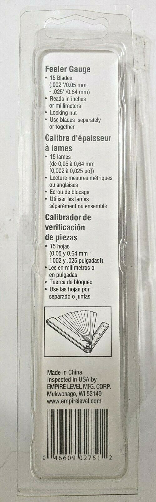 FEELER GAUGE SET | 3.00″ STEEL RULE | 15 BLADES .002 -.025 EMPIRE (QTY: 1) NOS