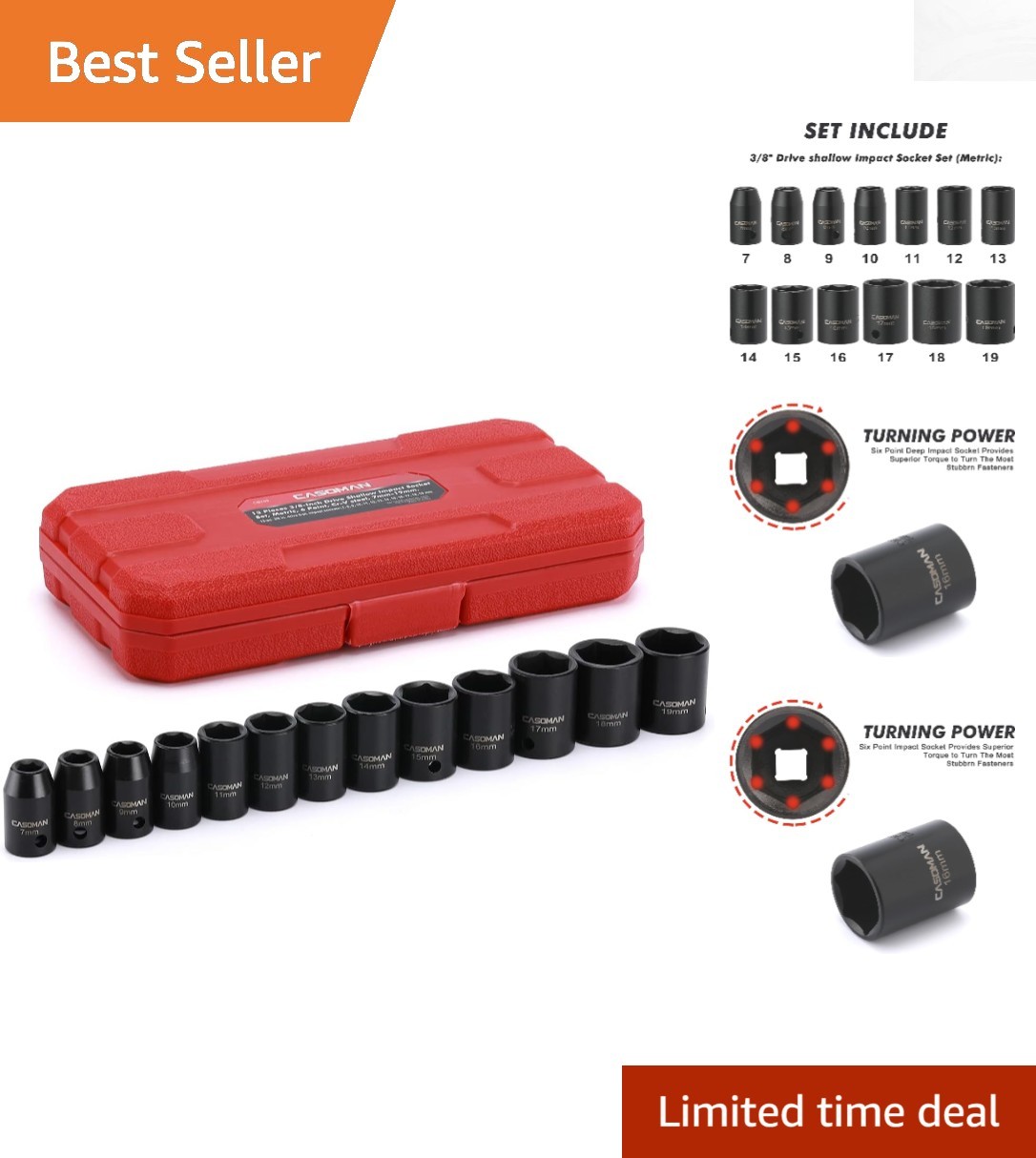 13-Piece Chrome Vanadium Socket Set with Laser Etched Markings – ANSI Compliant