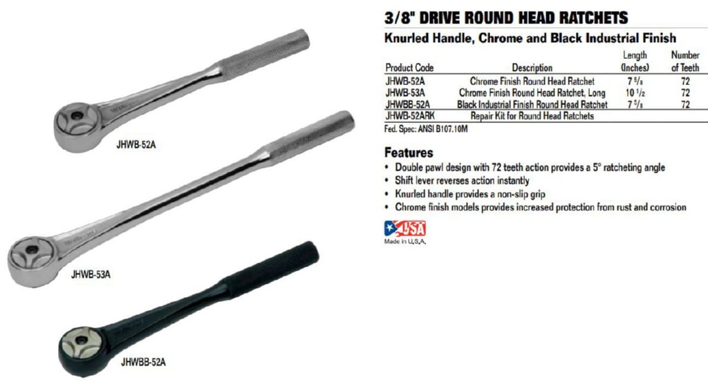3/8″ Drive Round Head Heavy Duty Ratchet,Black Industrial Finish,Williams BB-52A