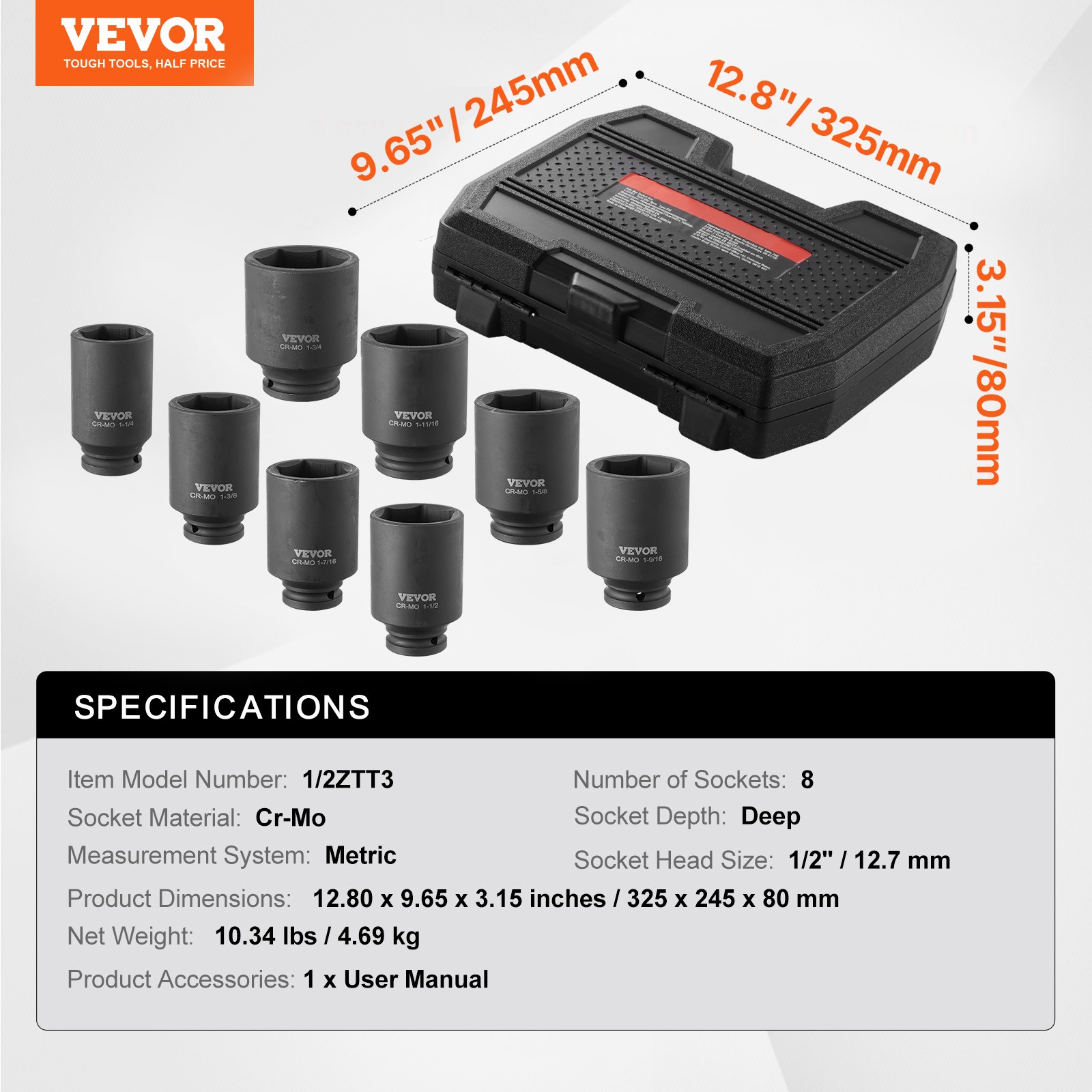 VEVOR Axle Nut Impact Socket Set 1/2″ Drive Deep 12-Point 8PCS Metric Nut Socket