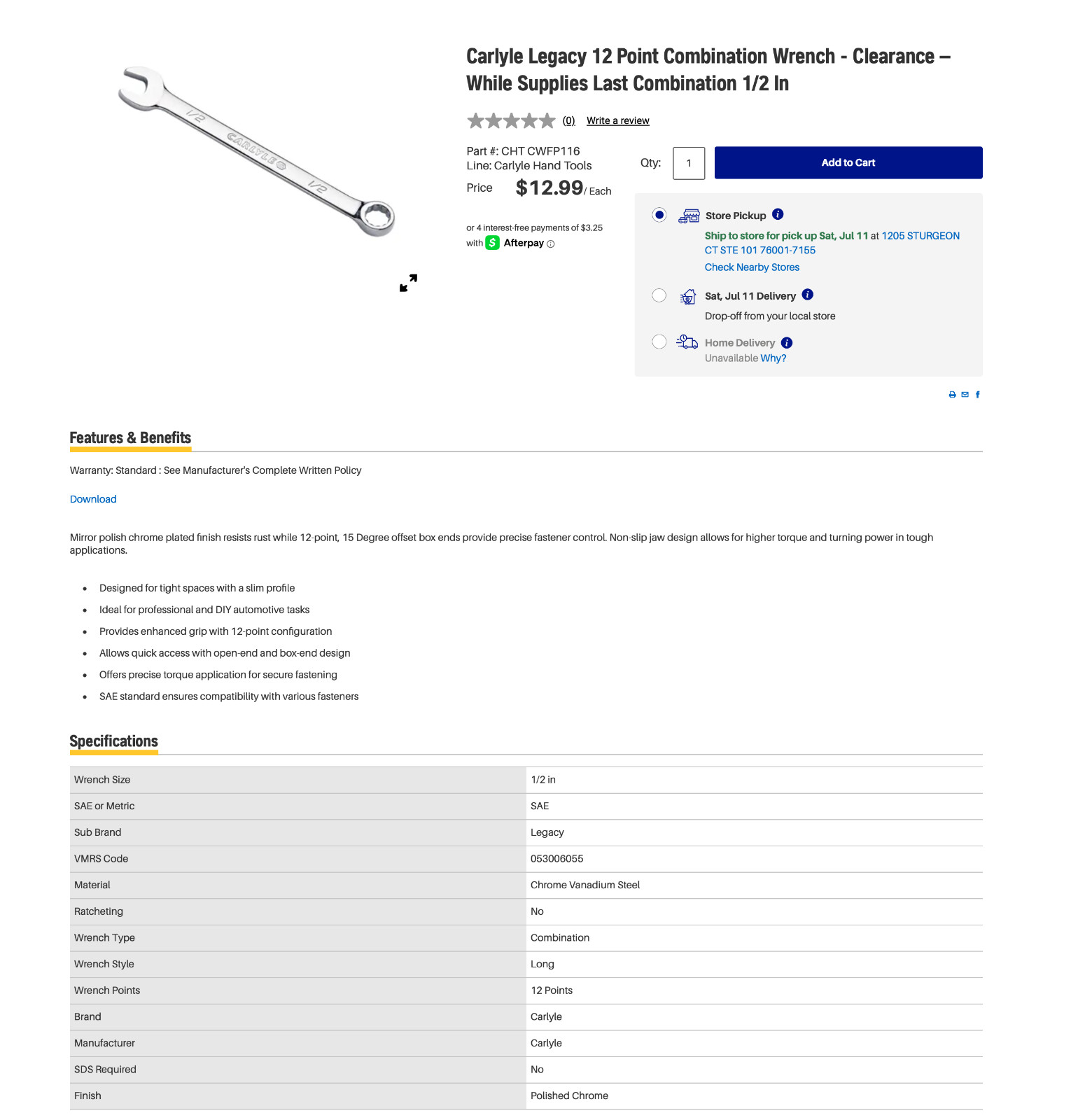 Napa Carlyle 12 Point Combination Wrench 1/2 In Brand New CWFP116