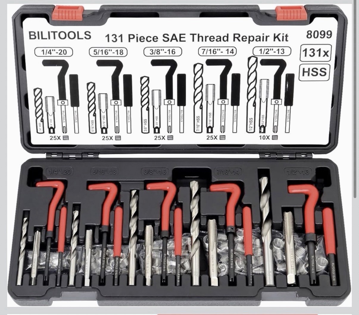 BILITOOLS Helicoil Thread Repair Kit SAE, 131-Piece HSS Drill Heli Coil Repai…