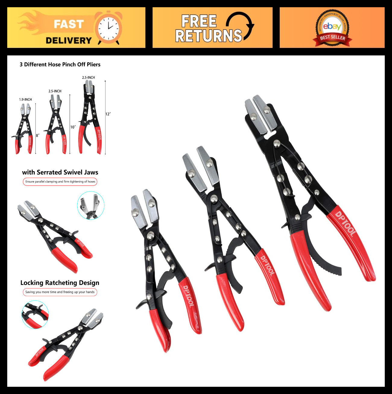 3pcs Hose Pinch Off Pliers Set – 8″ 10″ 12″ Locking Clamps for Automotive Lines