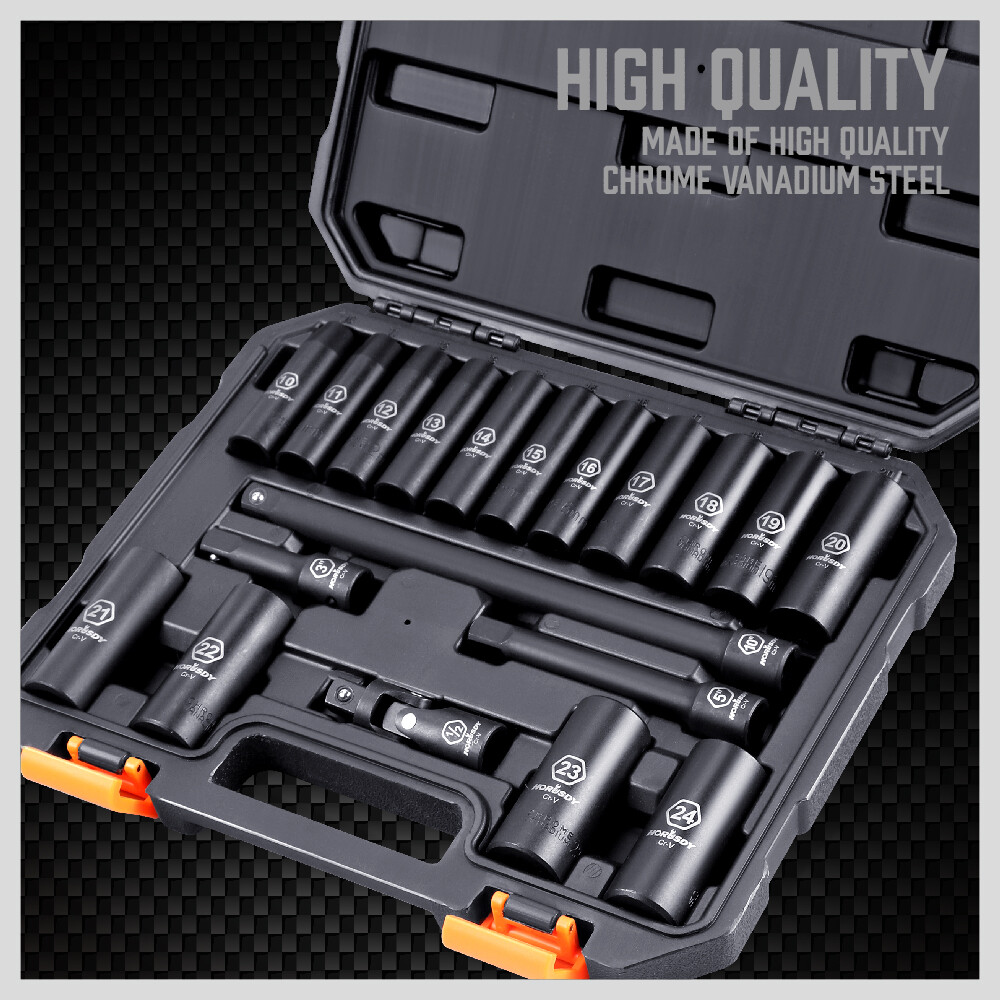 1/2-Inch Drive Deep Impact Socket Set Metric CR-V 6 Point 19PC 10mm – 24mm Case