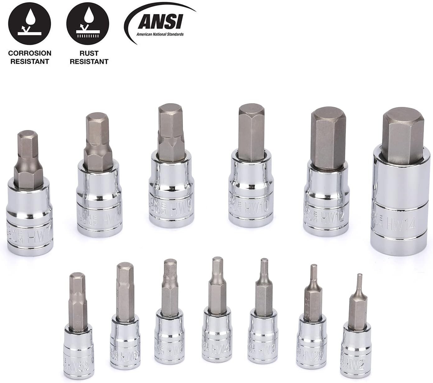 13PCS Hex Bit Socket Set, Metric, CR-V, S2 Steel, 1/4″, 3/8″ and 1/2″ Drive, Bit