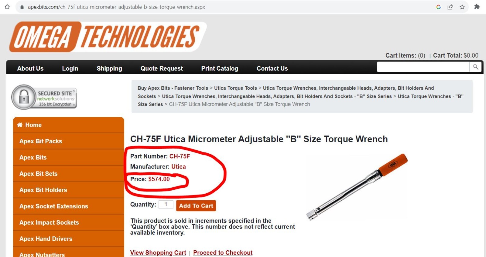 Utica CH-75F Micrometer Adjustable ”B” Size Torque Wrench