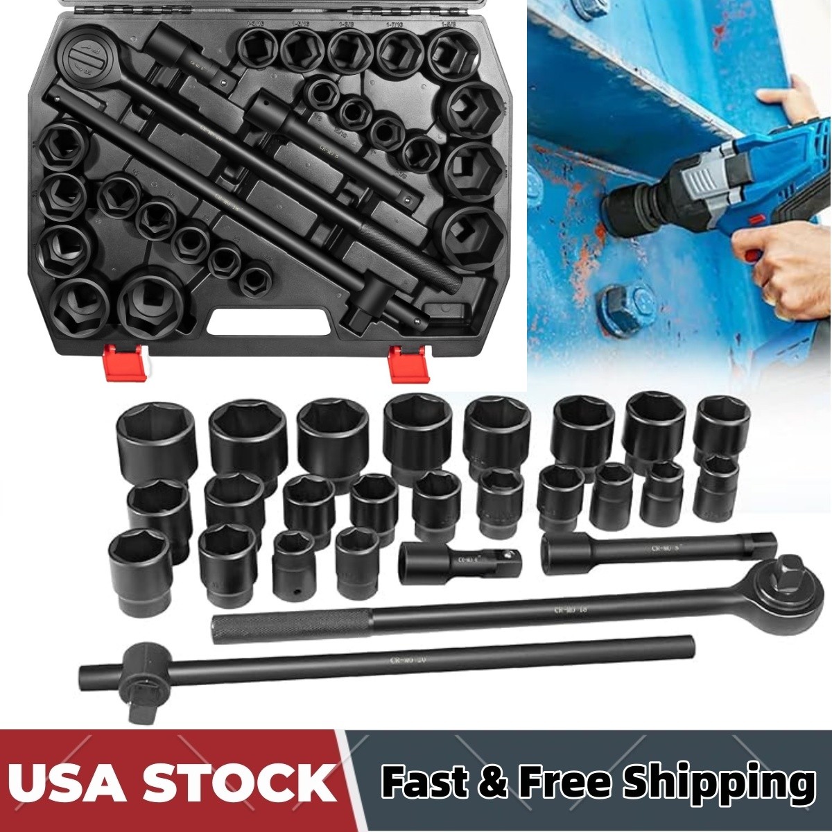 27Pcs 3/4-Inch Drive SAE & Metric Impact Socket Set for Trailers Trucks Tractors