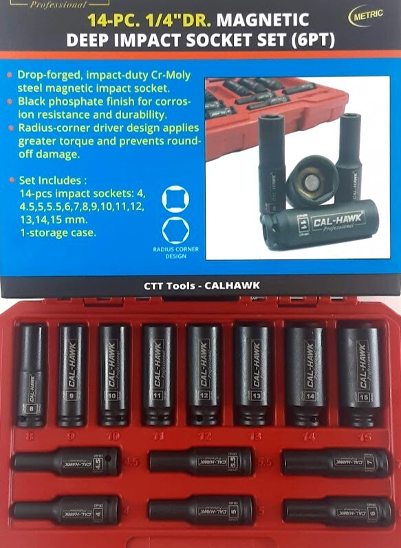 14-PC 1/4″ DR. Magnetic Deep Impact Socket 6-Point METRIC SET ( 4mm to 15mm)
