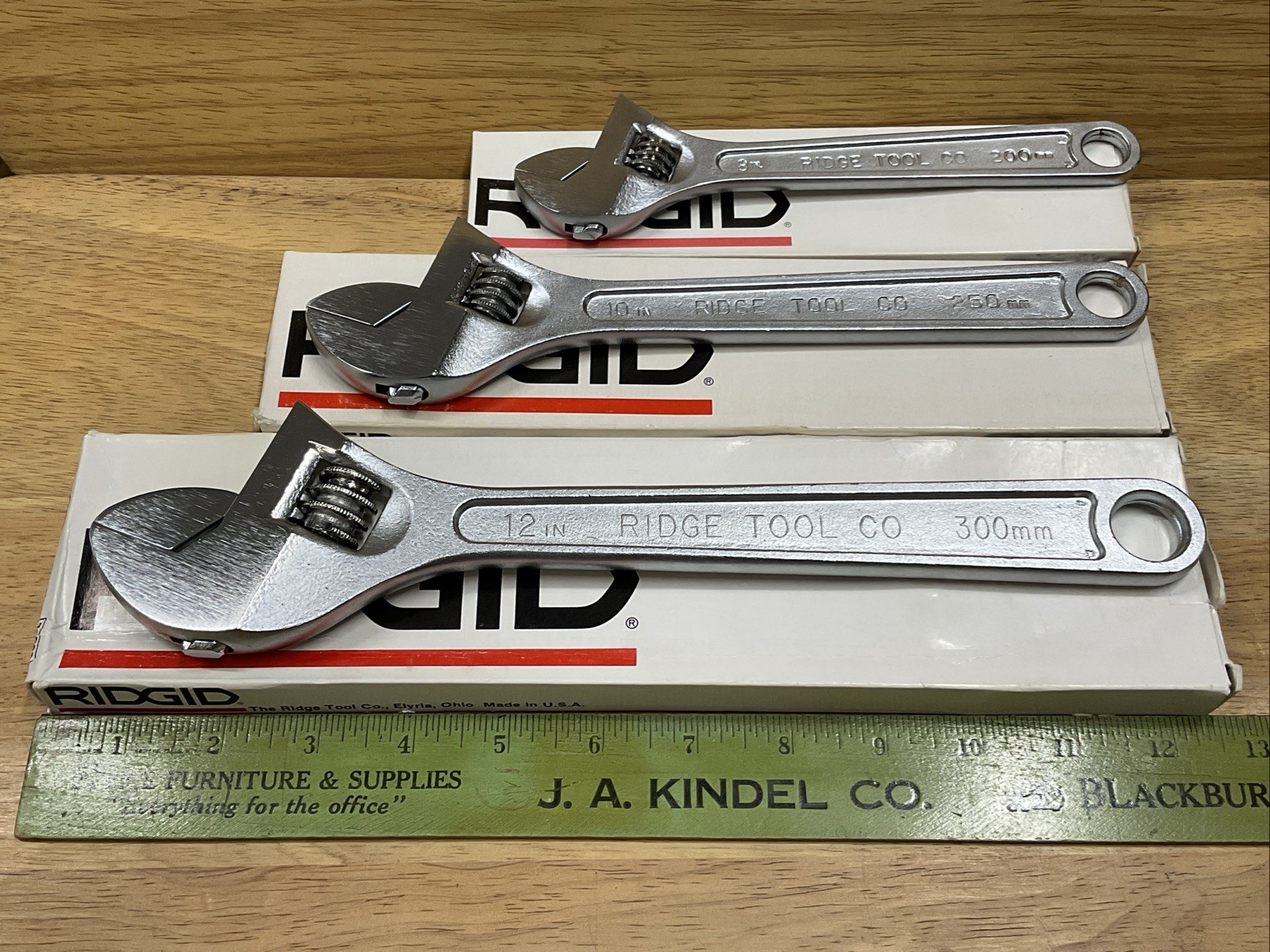 Vintage NOS Ridge Tool Co Ridgid 3 Pc Adjustable Wrench Set 8″ 10″ 12″ USA