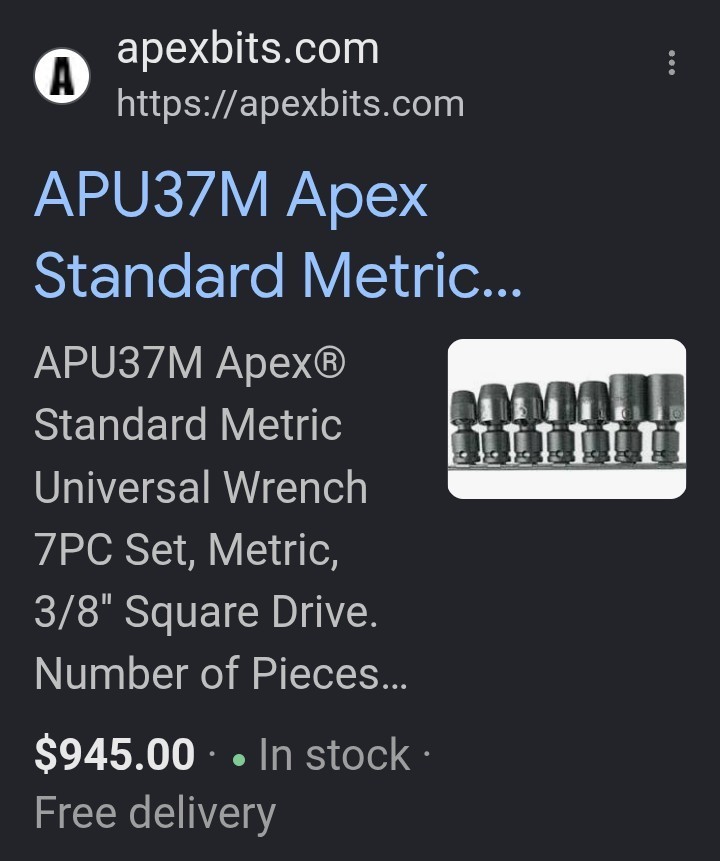 Apex APU37M Precision Universal Metric Elbow Socket Set 3/8″ Drive 10-18mm