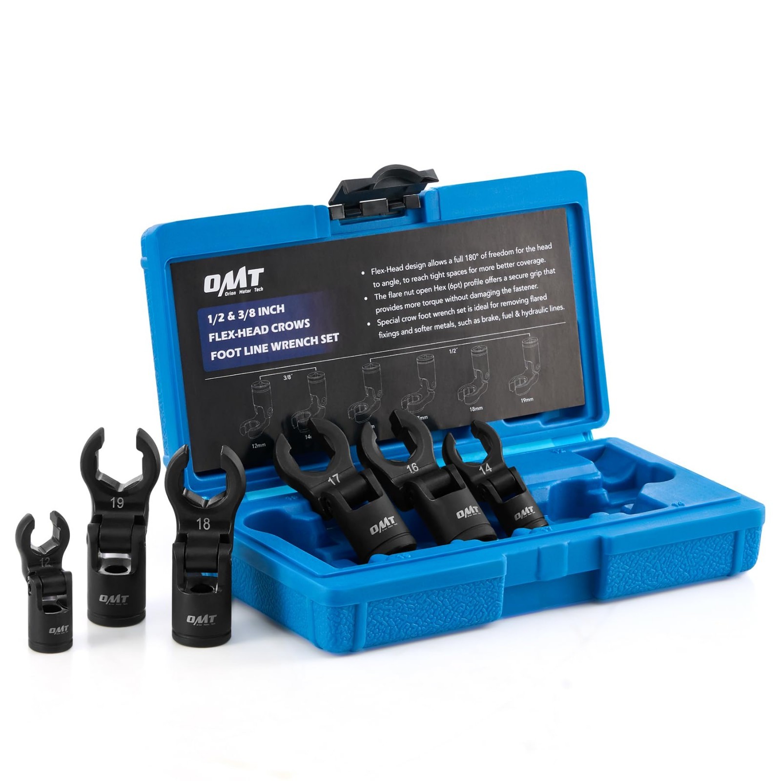 6pc Flex Head Crowfoot Wrench Set, 1/2″ & 3/8″ Drive, Metric 12-19mm Nuts, Stora