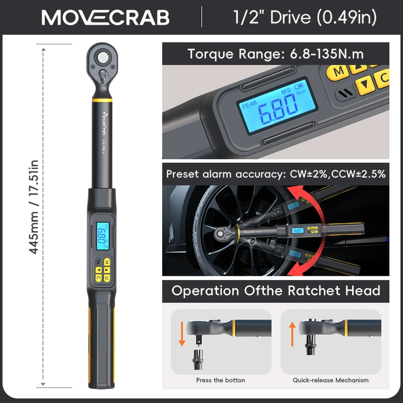 Professional Digital Torque Wrench 1/2″ Drive 6.8-135N.m ±2% High Accuracy LED