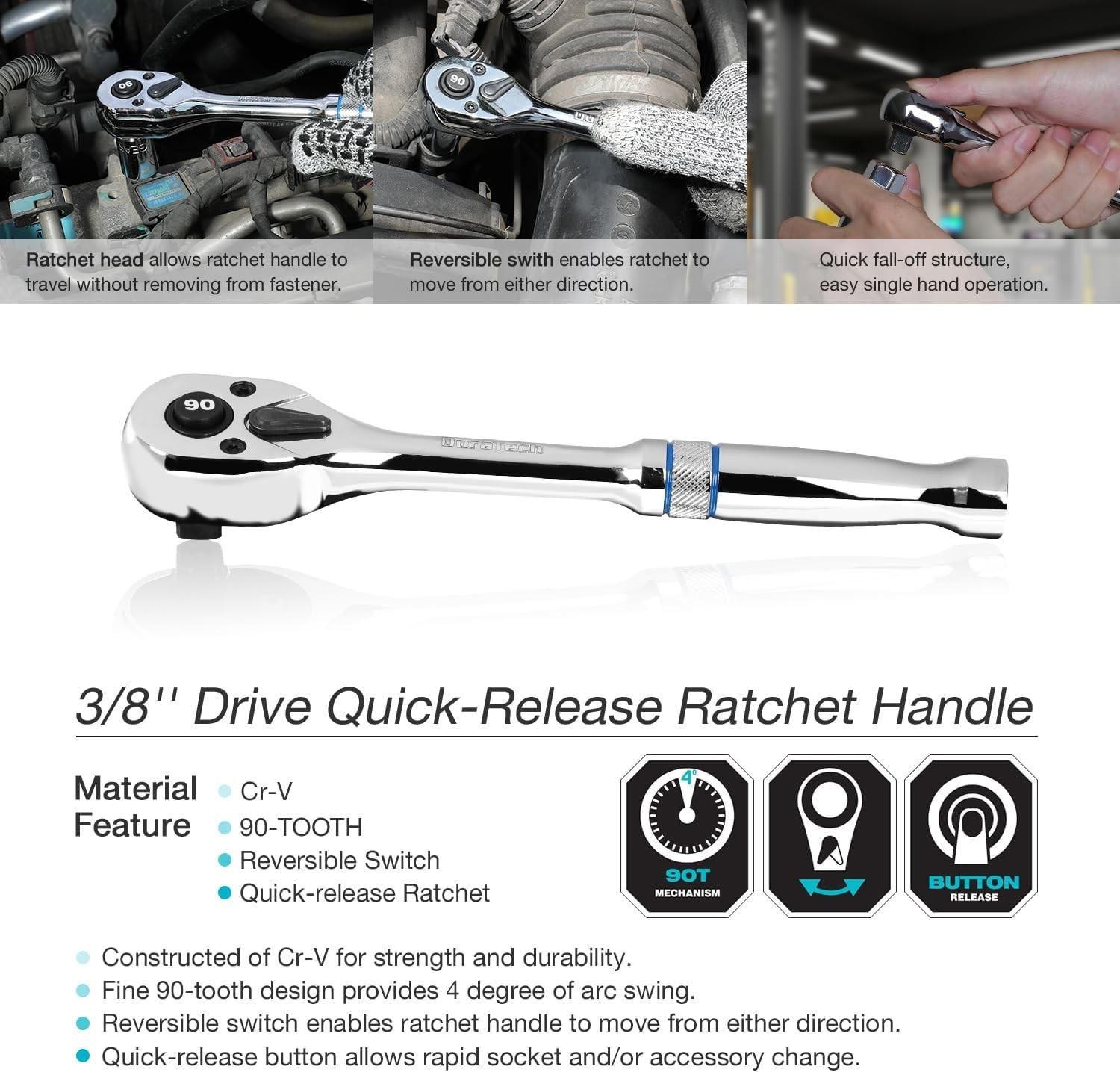 3/8-Inch Drive Ratchet, 90-Tooth Quick-release Ratchet Wrench, Reversible, Ch…