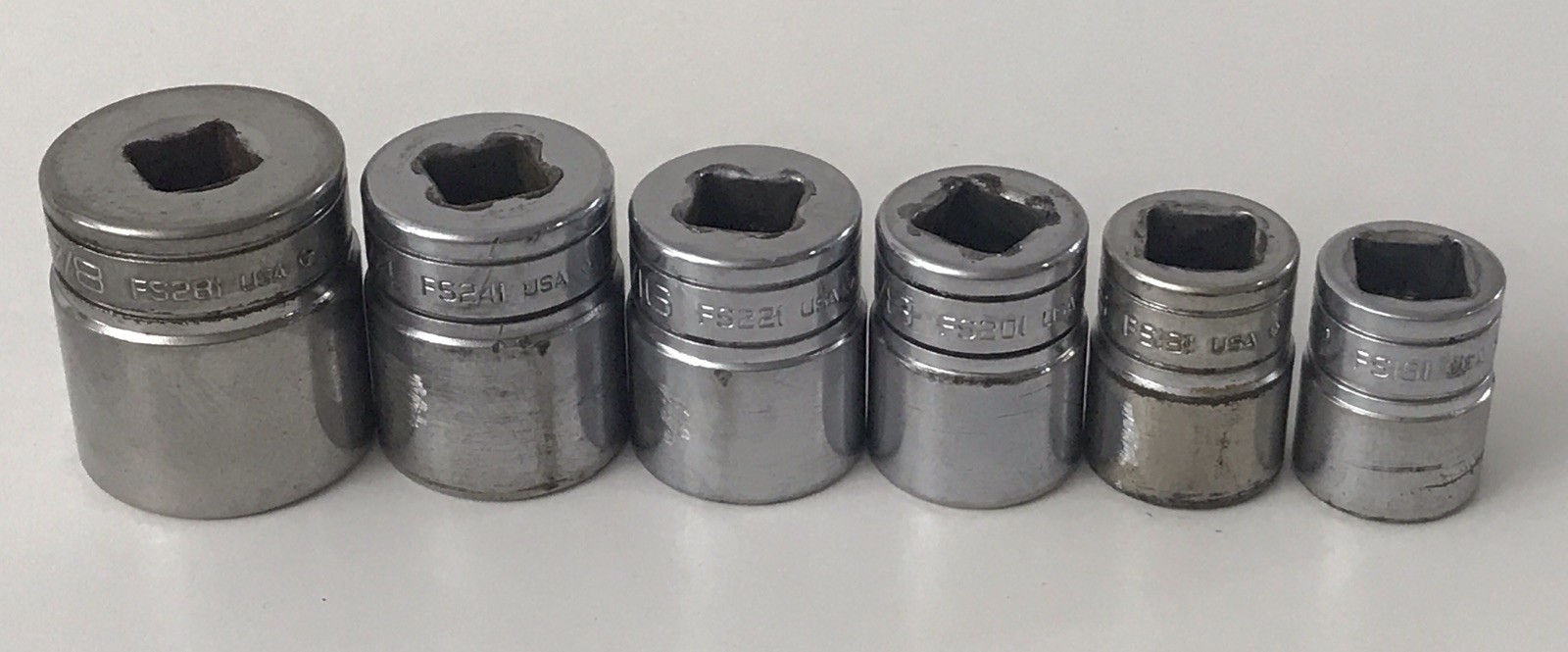6 Piece 1/2’-7/8” Snap-on Sockets 6pt fs281 fs241 fs221 fs201 fs181 fs161 READ
