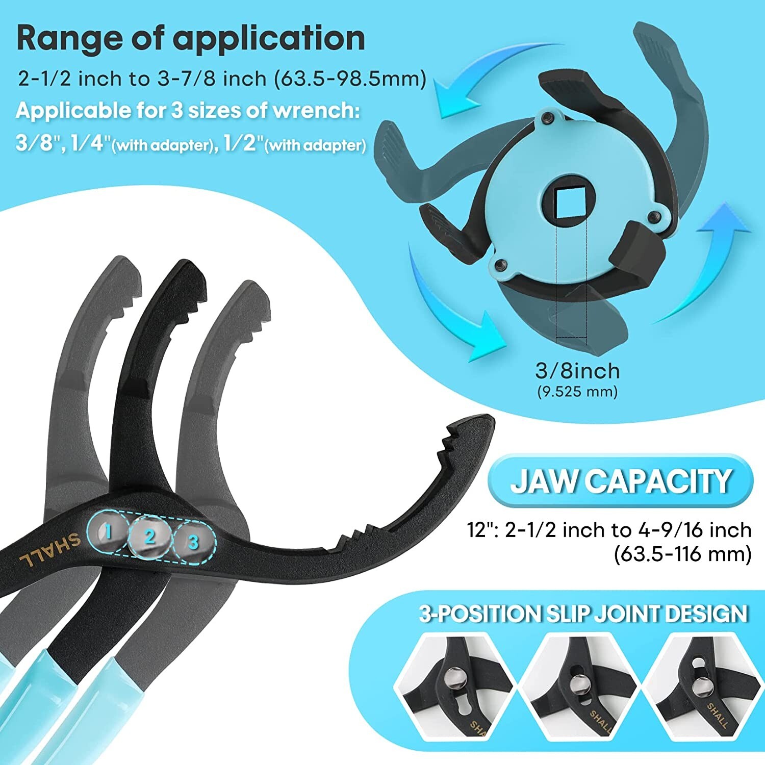 4PCS Oil Filter Wrench 12 In Oil Filter Removal Tool,3-Jaw Oil Filter Wrench