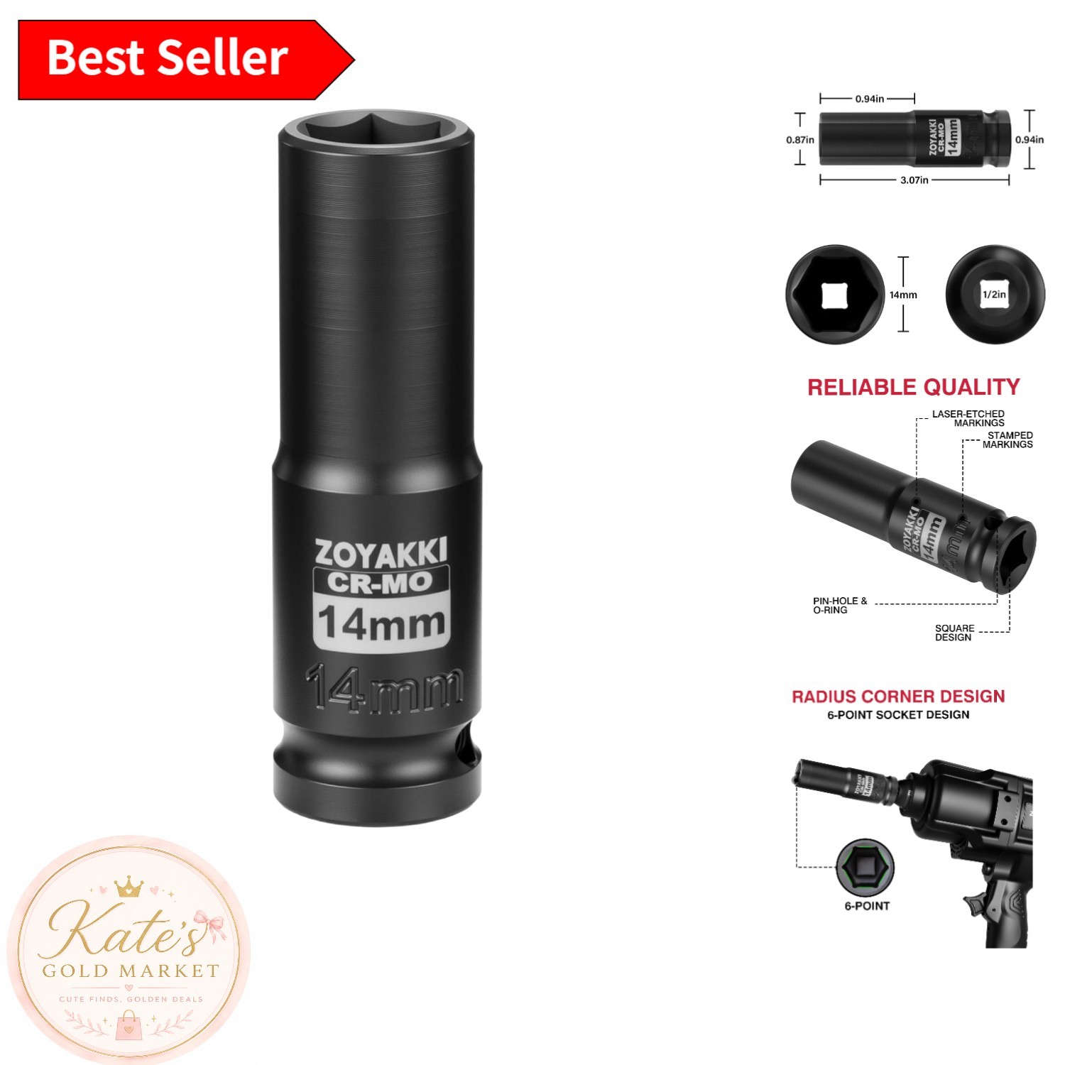 Versatile 14mm 6 Point Impact Socket – 1/2″ Drive, Ideal for Auto Repairs