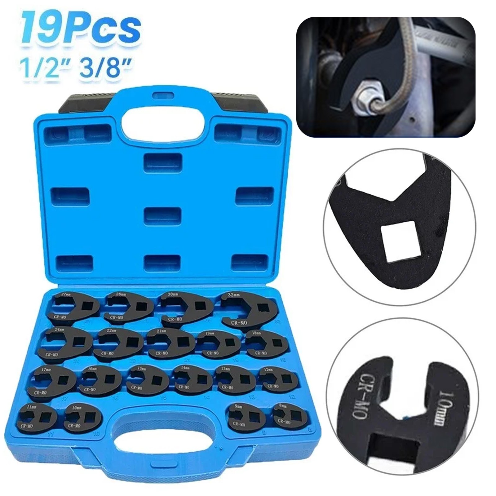 19PCS Crows foot Wrench Set 1/2″ and 3/8” Drive Flare Nut Crowfoot Wrench Set US