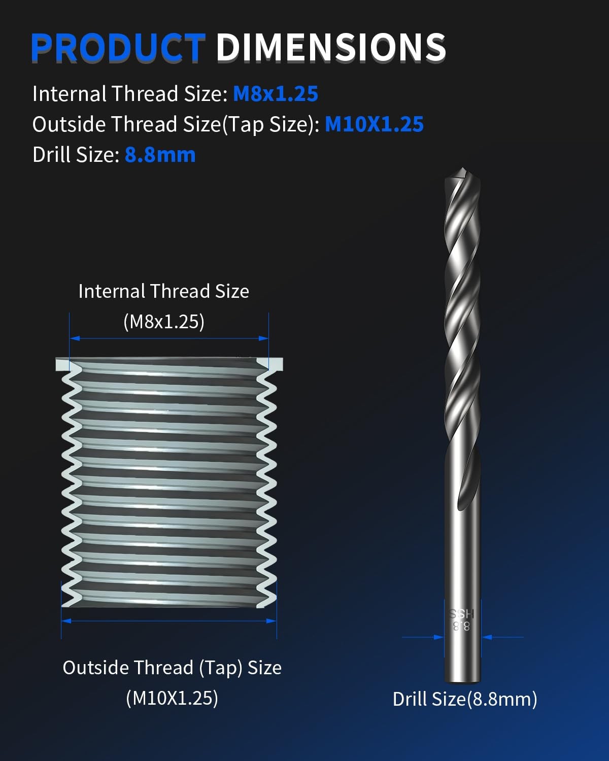 M8 x 1.25 Metric Thread Repair Kit, with HSS Drill Bit, Tap, Counterbore & Insta