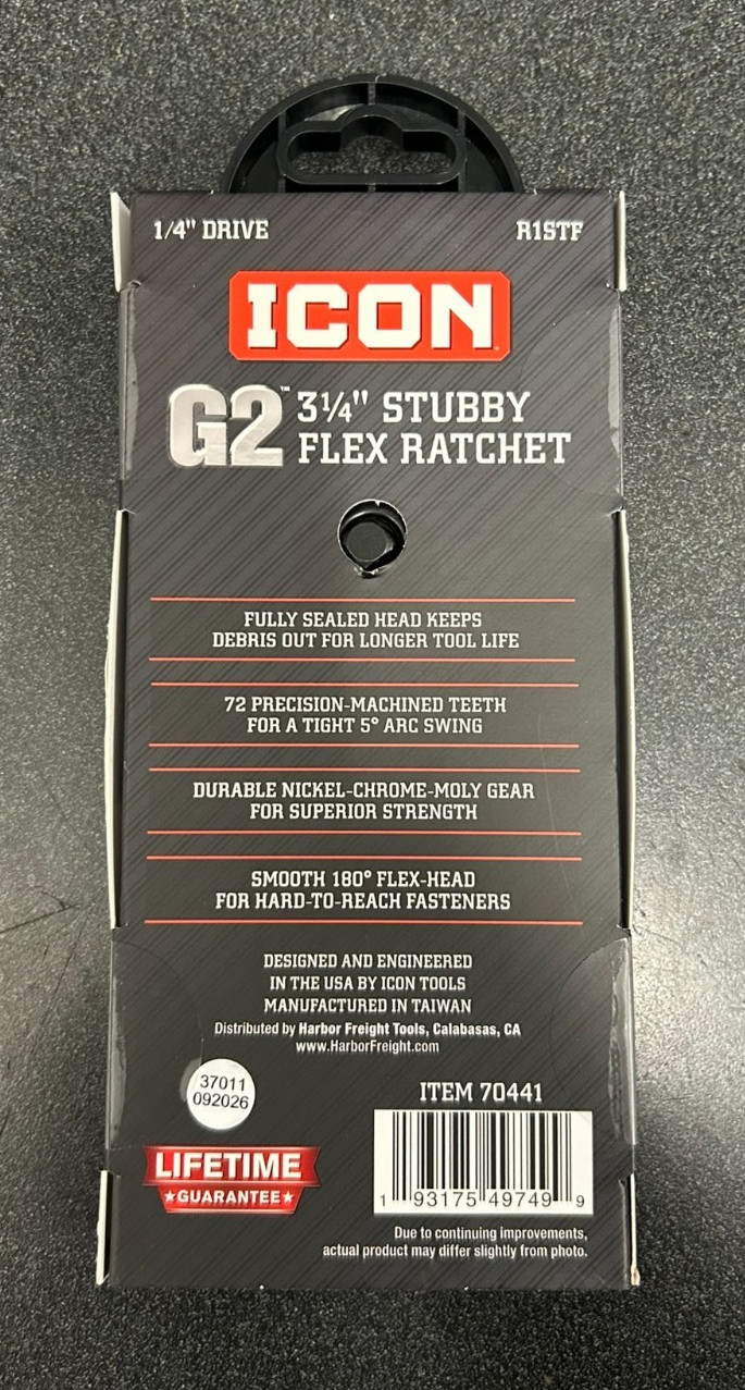 NEW ICON G2 1/4” in. Drive, 3 1/4” in. Stubby Flex Ratchet R1STF 70441