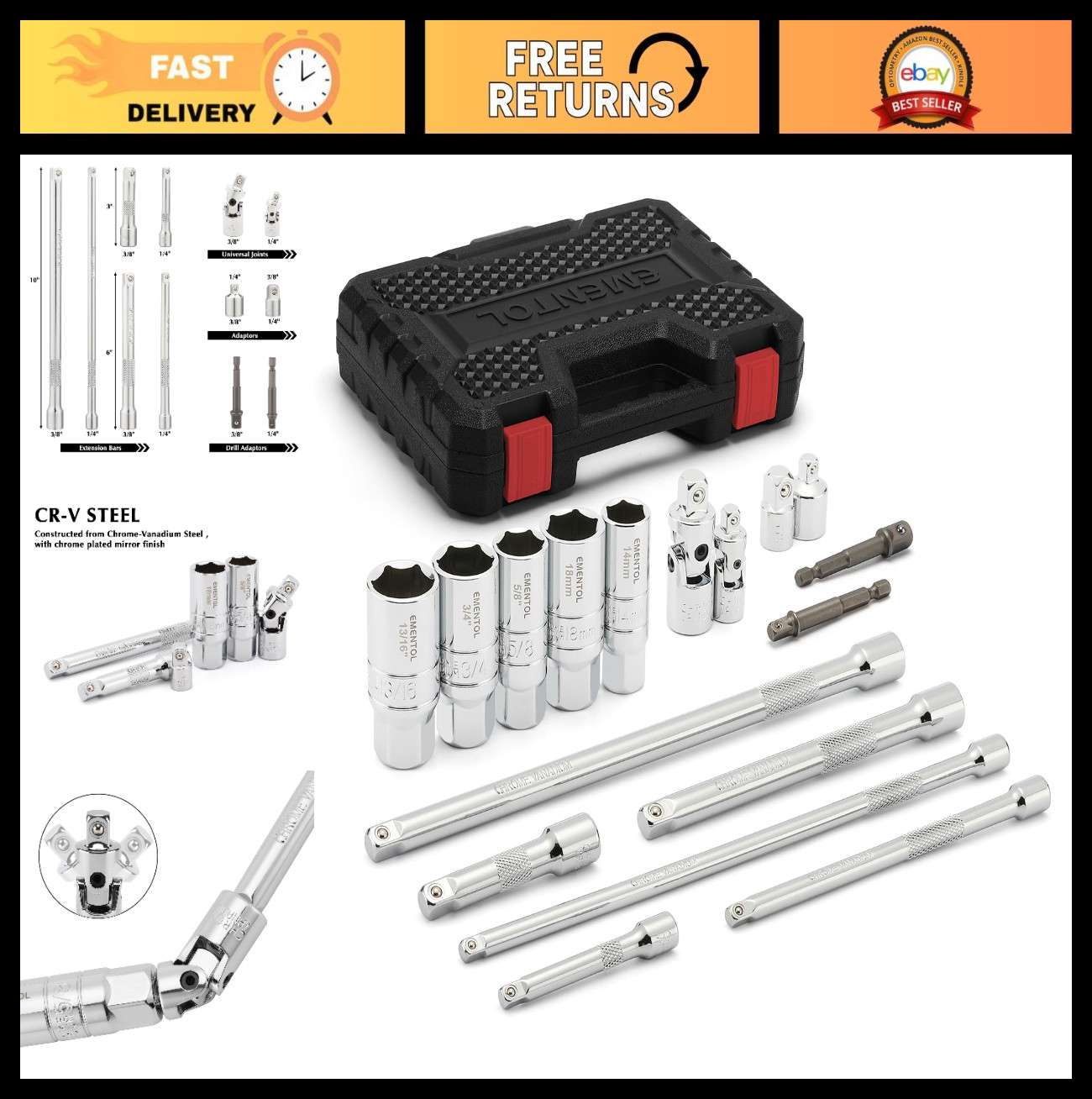 17PCS Socket Accessory Set – 1/4″ & 3/8″ Drive, Spark Plug Sockets, Extensions,