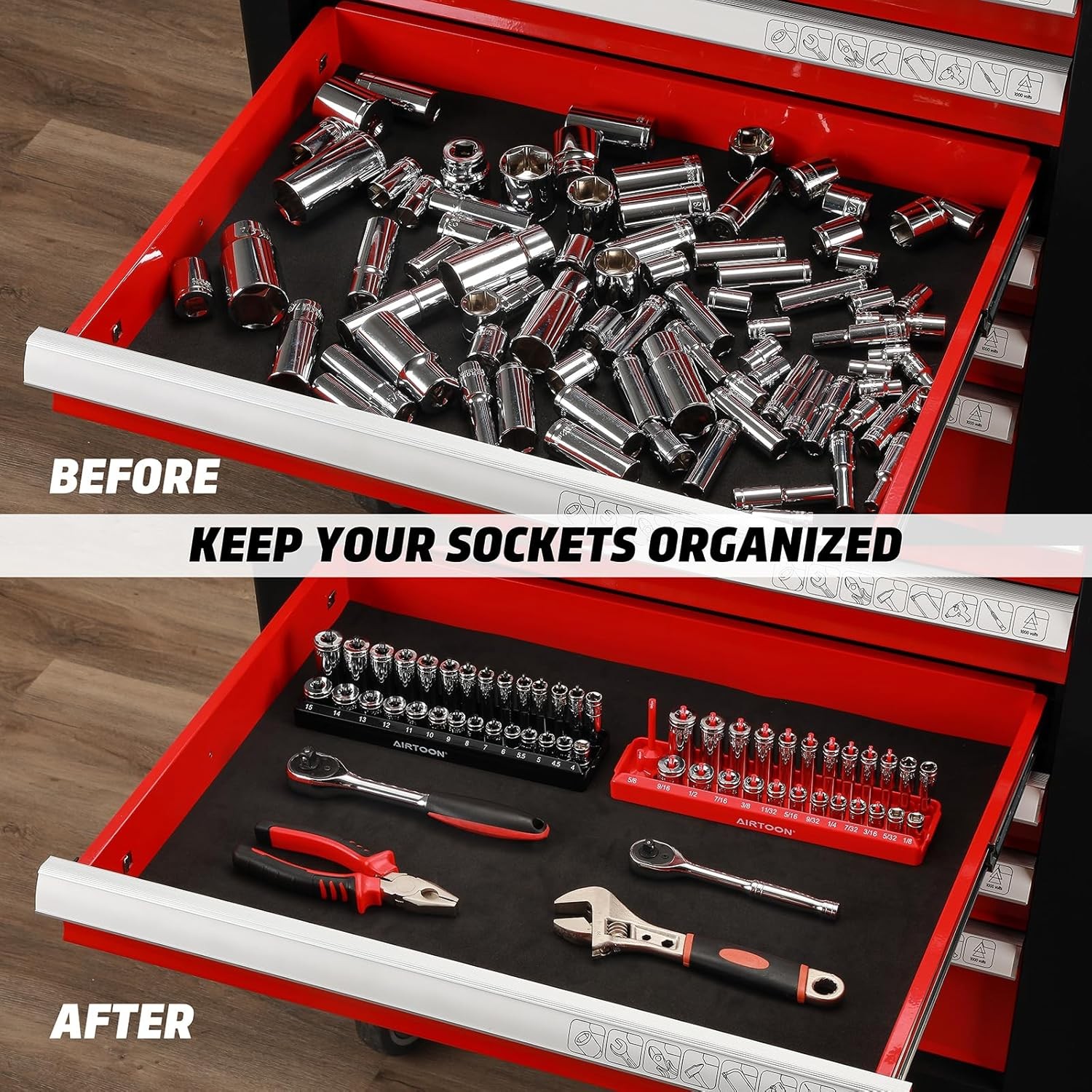1/4-Inch Drive Socket Organizer Trays, 2-Piece SAE and Metric Socket Tray Set