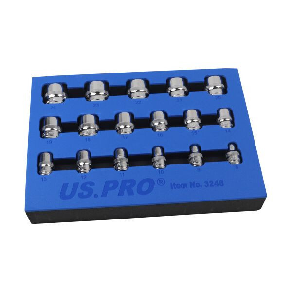 US PRO 17pc 3/8″ Drive Socket Set | 8–24mm 12PT Shallow Metric CR-V + EVA Tray