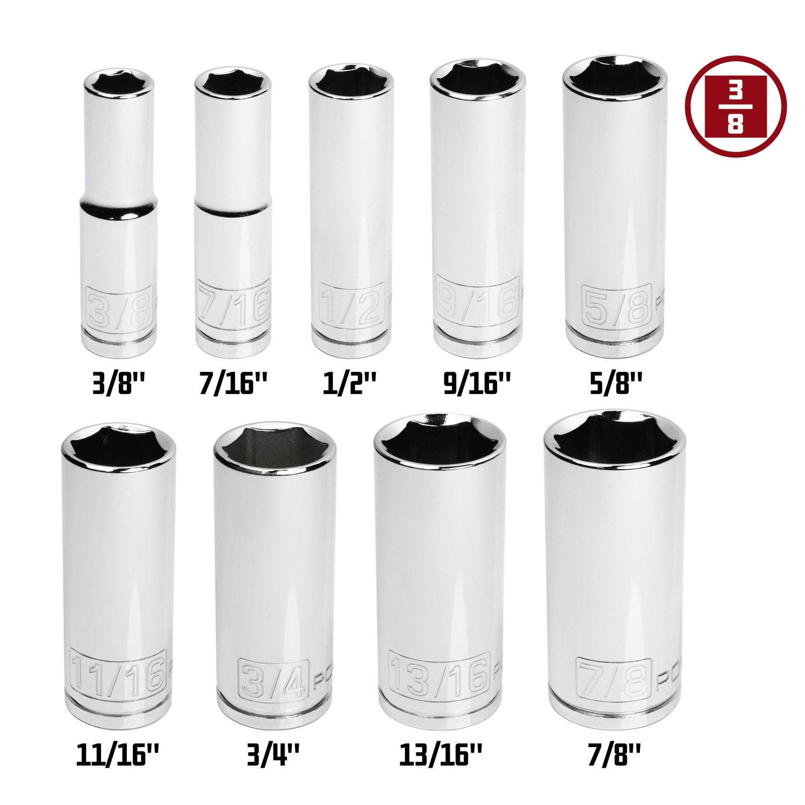 Powerbuilt 9 Piece 3/8 Inch Drive SAE 6 Point Deep Socket Set – 641717