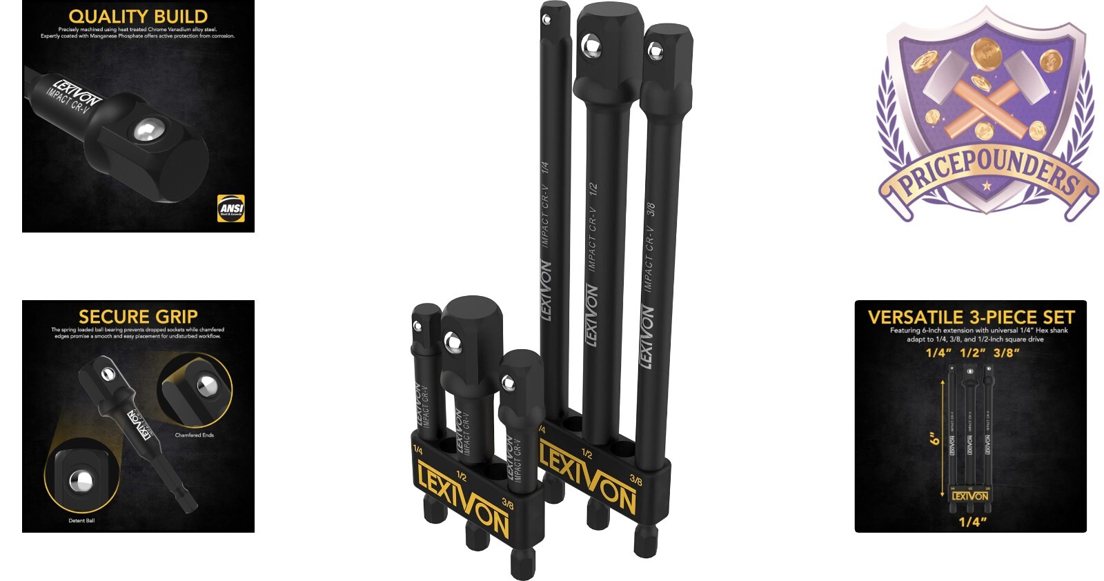 6-Piece Socket Adapter Set Heat-Treated 3″ & 6″ Extensions For Drill Use