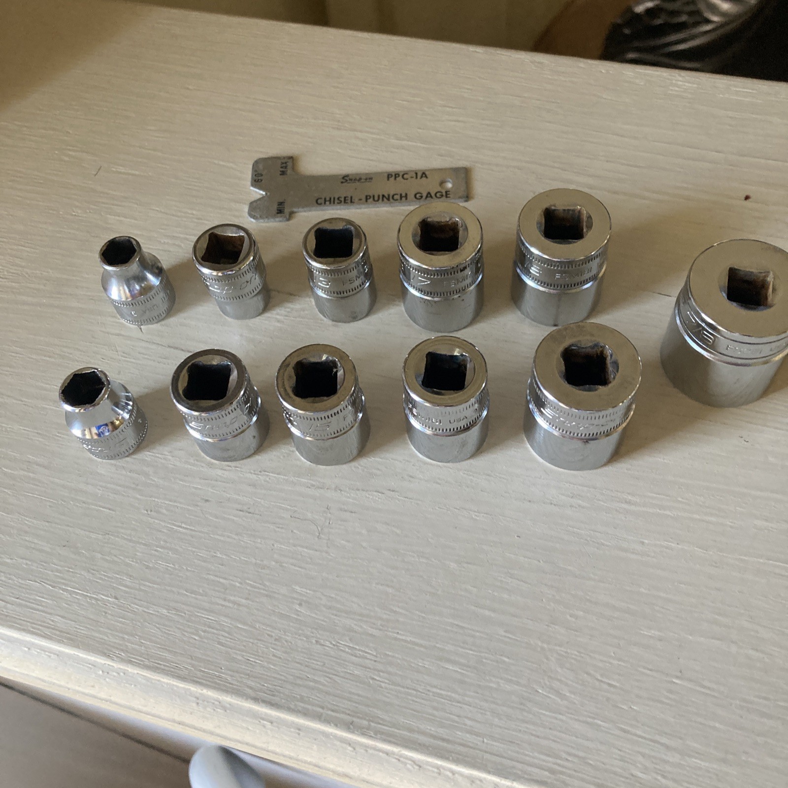 12 Pieces Snap On Tools Lot (11 Sockets + 1 Chisel Punch Gage)