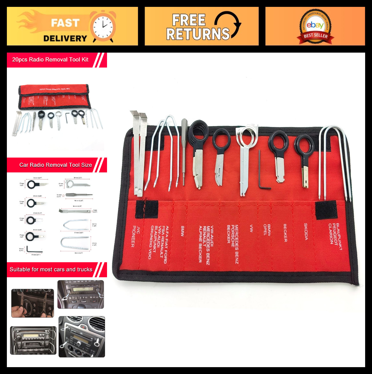 Universal Radio Removal Tool Kit – 20PCS Stainless Steel Stereo Key & Pry Tools