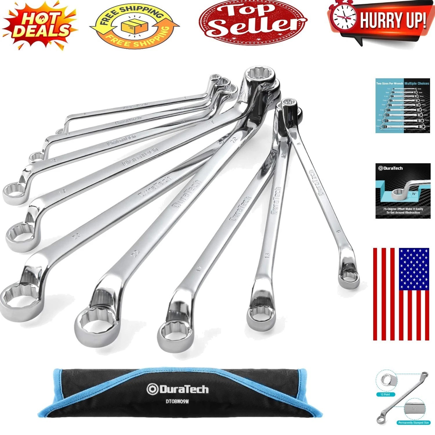 Duratech 9-Piece Offset Box Wrench Set – Metric, Chrome Vanadium, Compact & D…
