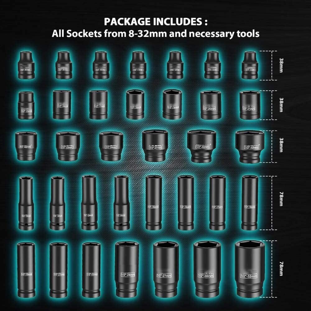 35pcs 1/2″ Inch Deep Impact Socket Set Drive 8-32mm Metric Garage SAE With Case