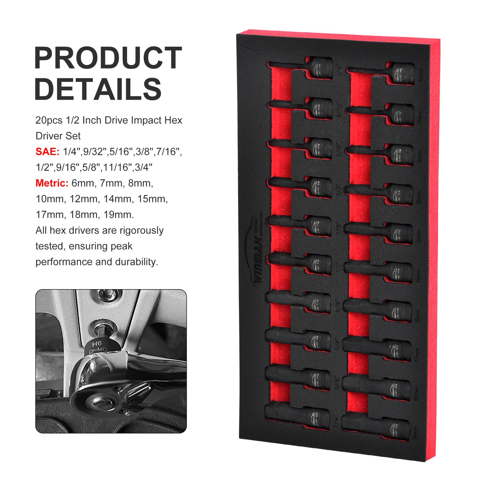 20pcs 1/2″ Dr, Impact Hex Driver Tools Set, 6 Point SAE 1/4″-3/4″ Metric 6-19mm