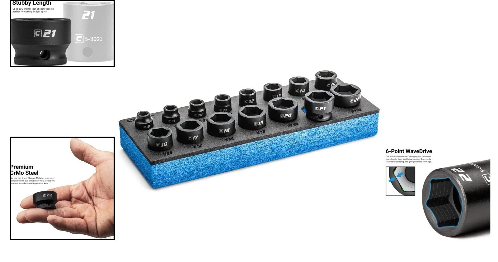 Compact 3/8″ Drive Stubby Impact Socket Set with Mechanic’s Tray – 15 Pieces