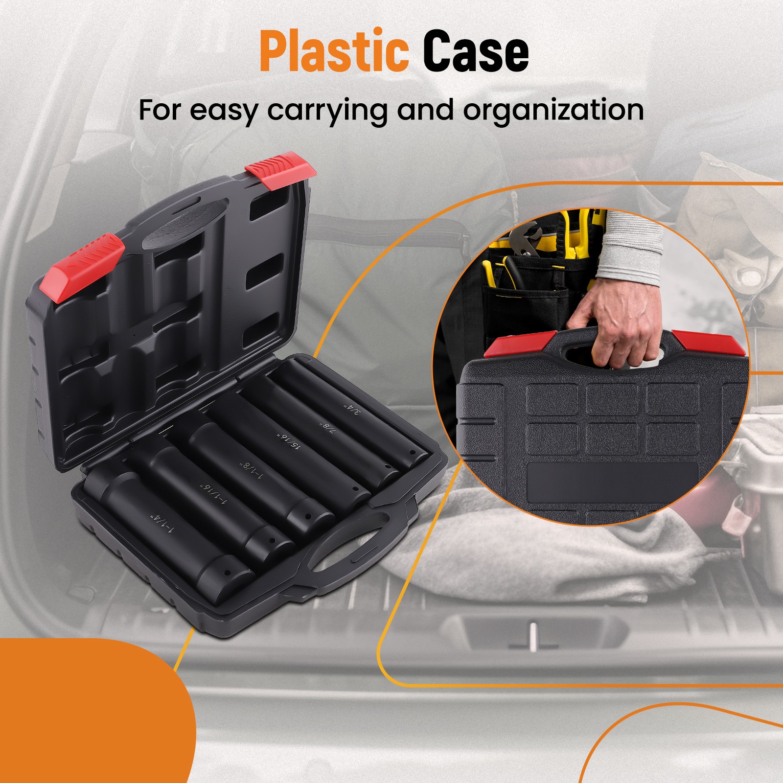 6* 1/2 Inch Drive Extended Length Impact Socket Set Heavy Duty W/ Storage Case