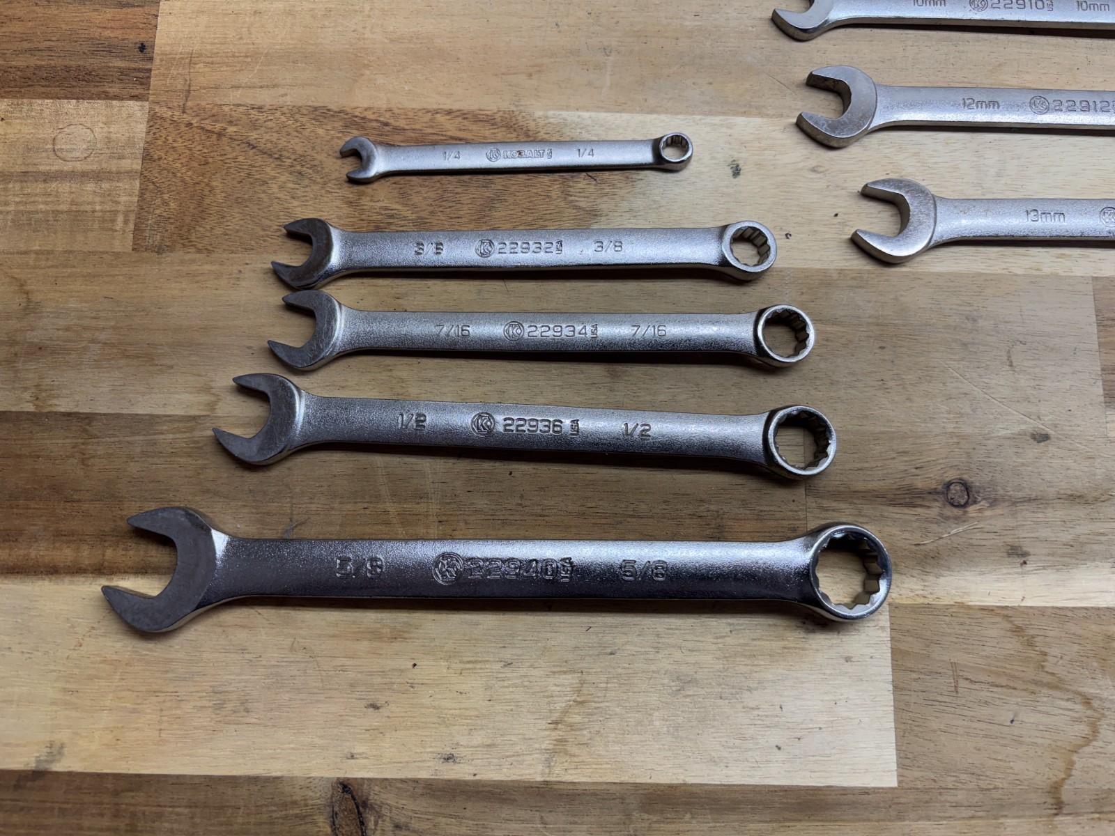 9 Kobalt USA Mixed SAE METRIC Wrenches 1/4, 3/8, 7/16, 1/2, 5/8, 8mm, 10, 12, 13