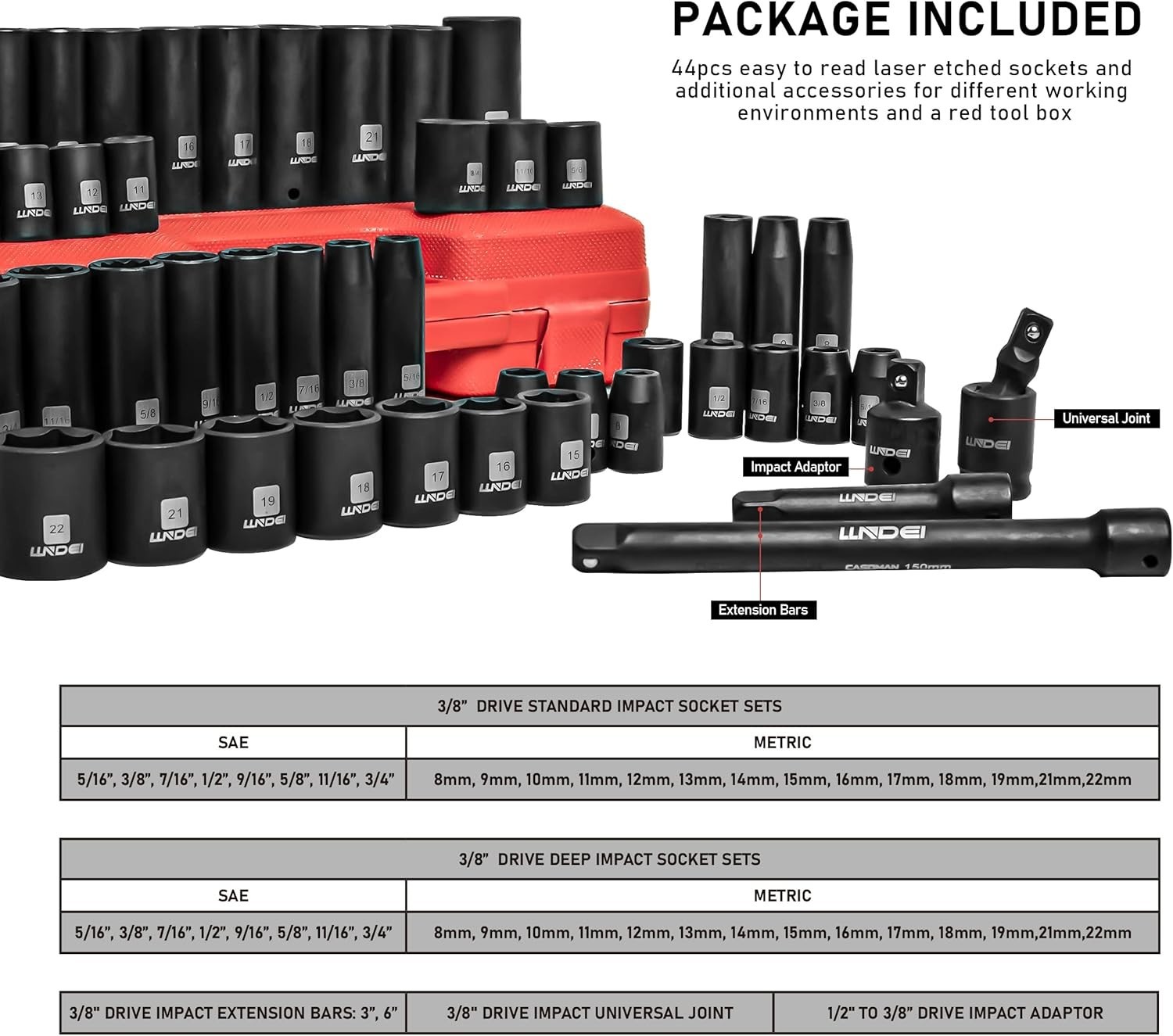 Chrome Vanadium Steel Impact Socket Set 3/8-Inch Drive with 1/2 to 3/8 Reducer