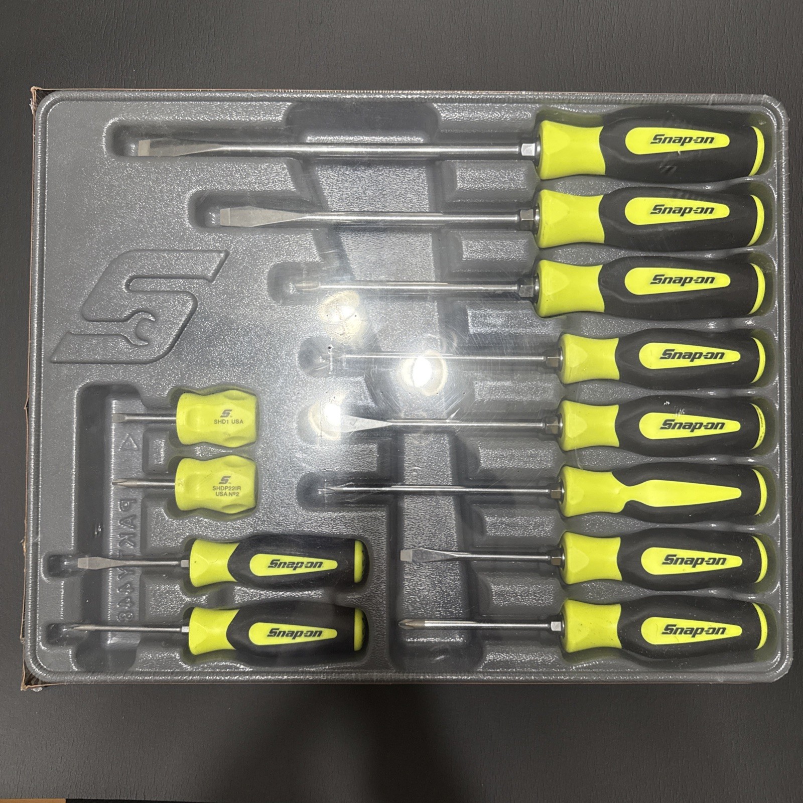 SNAP ON TOOLS USA SGDX120BHV 12pc HI-VIZ YELLOW Soft Grip Combo Screwdriver Set+
