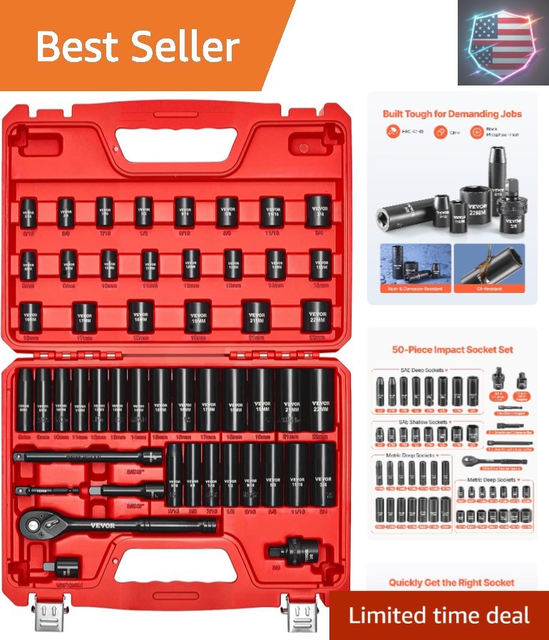 3/8″ Drive Impact Socket Set, 50-Piece Standard SAE 5/16 to 3/4 inch & Metric…