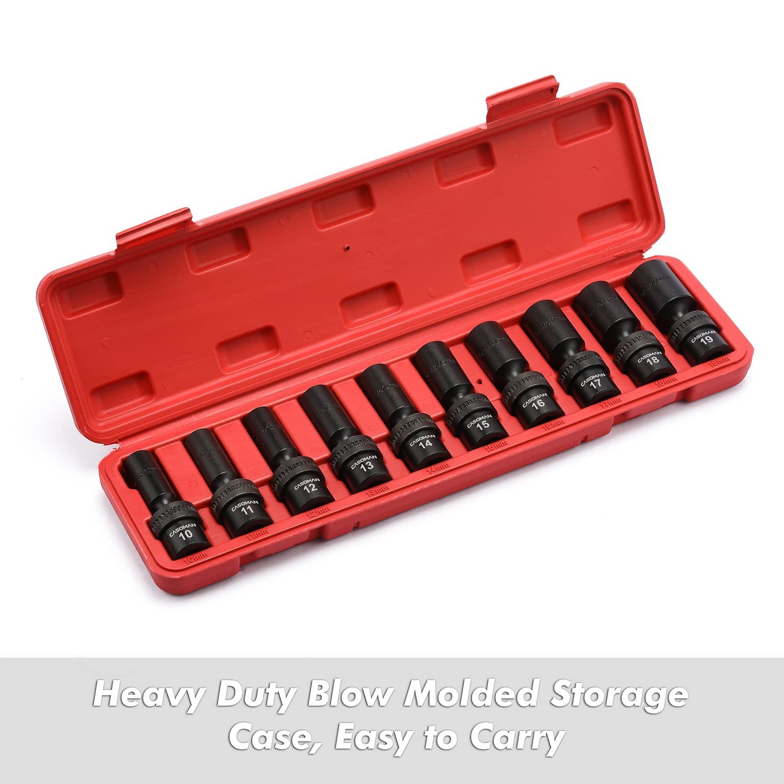 10 PCS 3/8″ Drive Deep Impact Socket Set, 6 Point, CR-MO, Metric 10-19mm Tools