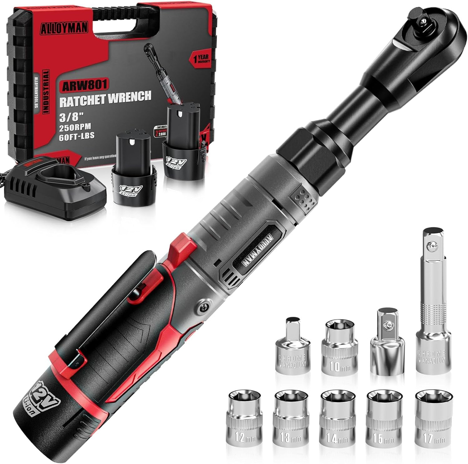 3/8″ Cordless Ratchet Wrench Set, 60FT-LBS(80N.m) Electric Ratchet, 12V Extended