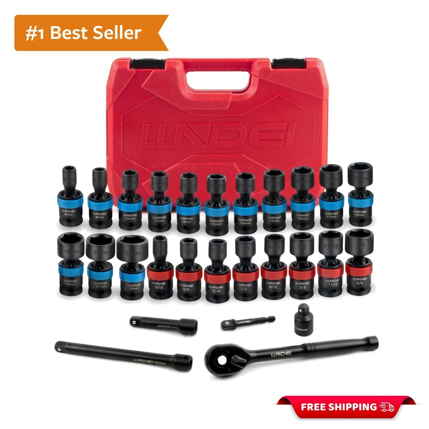 27Pcs 3/8″ Drive Swivel Impact Socket Set, CR-MO Swivel Socket Set Metric8-22…