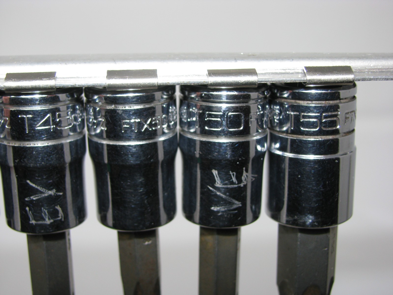 7 pc Snap-On Tools 3/8″ Drive TORX Sockets T55 FTX500E T50 T45 T40 T30 T27 rail
