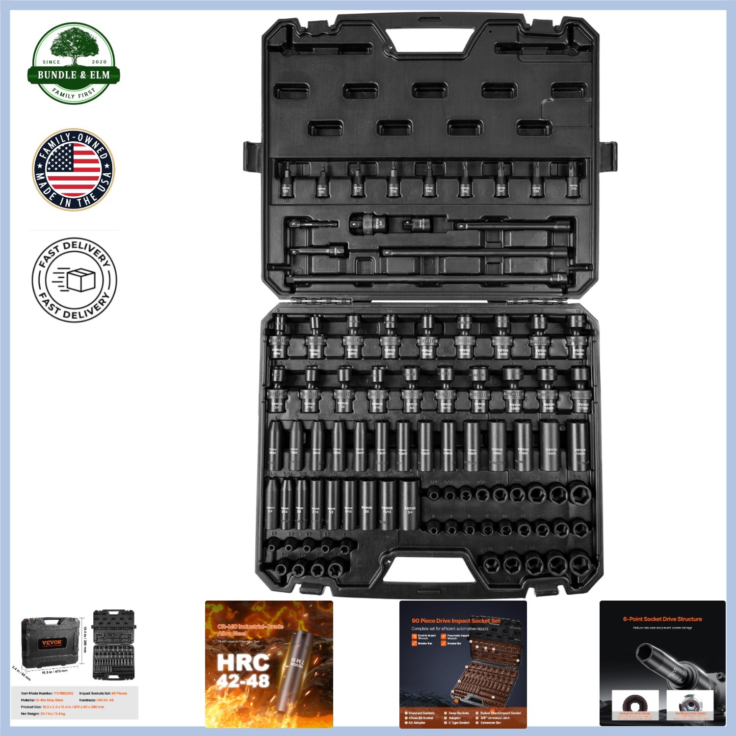 90-Piece Impact Socket Set with 3/8″ Drive, SAE & Metric Sizes Included