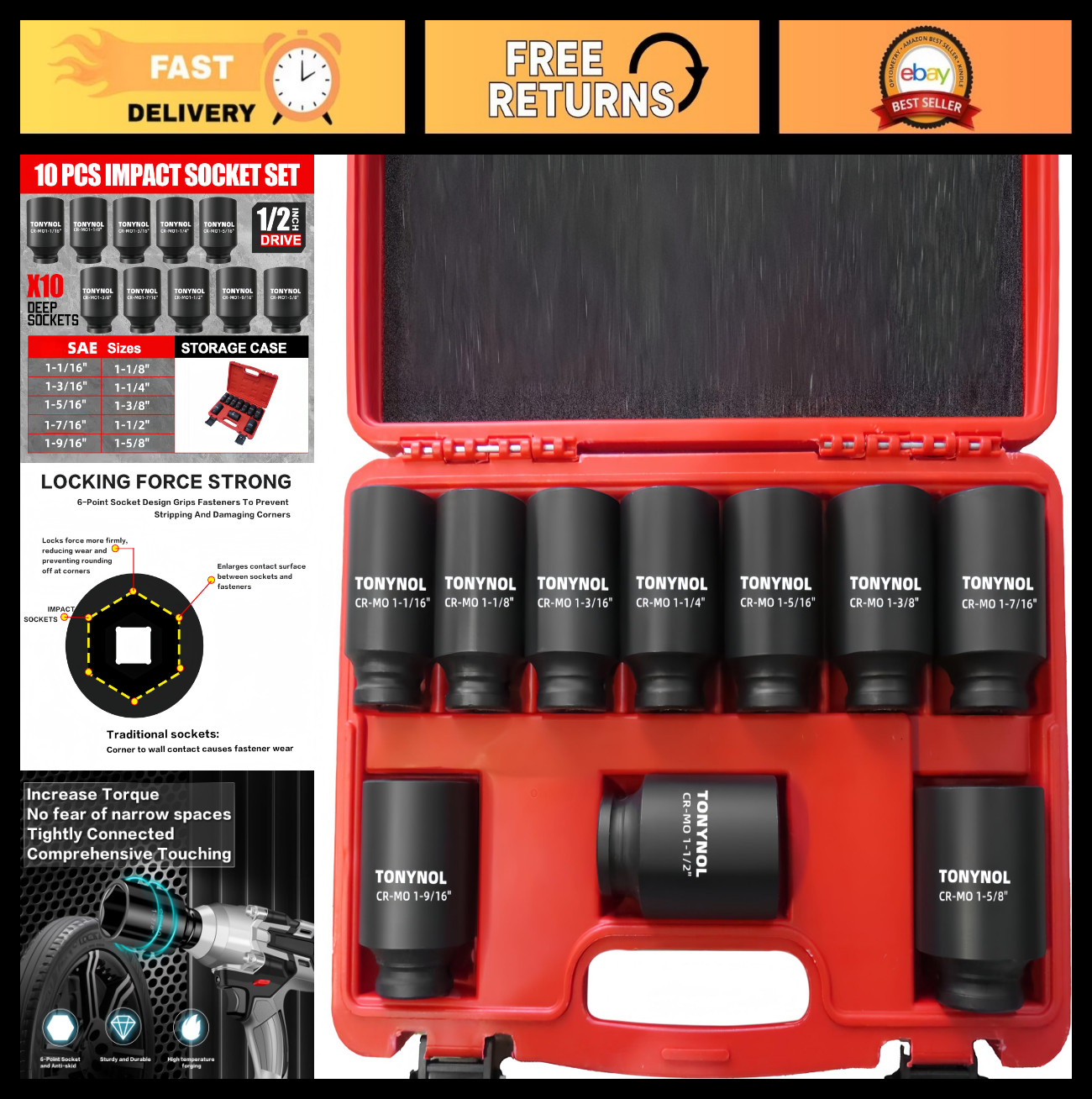 1/2″ Drive Impact Socket Set 10PC, 6-Point SAE Deep Heavy Duty with Storage Case