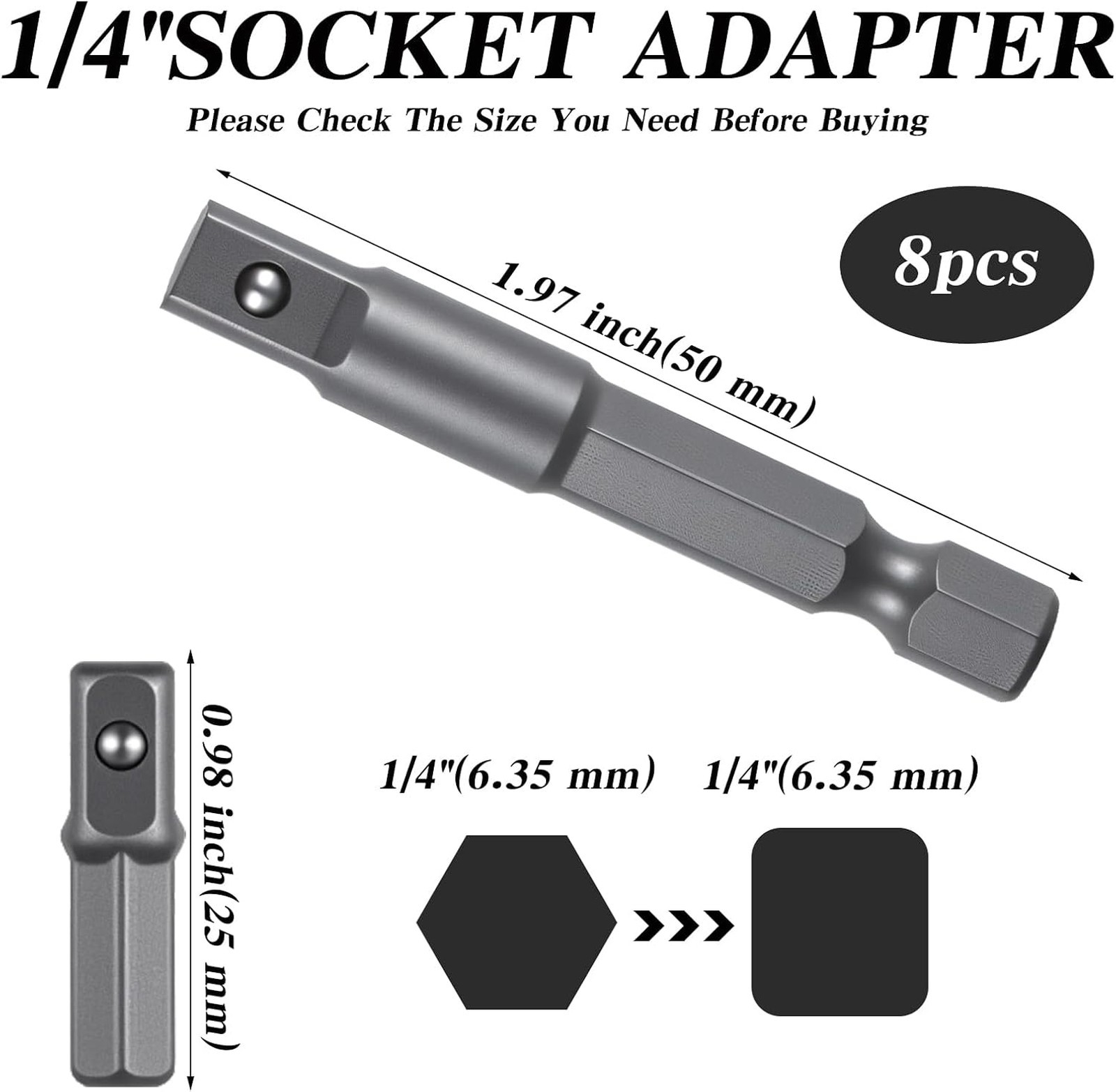 8 Piece Socket Adapter Set 1/4 Hex to Square Drill Bit Conversion Chrome